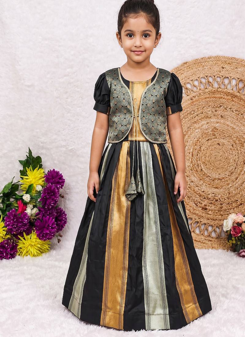 New kids trendy jet black traditional langa voni lehenga set with zari koti jacket