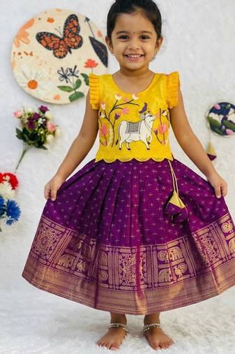 Kids latest collection girls yellow & wine purple pattu pavadai lehenga set with ruffle sleeves