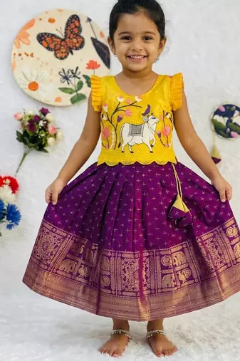 Kids latest collection girls yellow & wine purple pattu pavadai lehenga set with ruffle sleeves