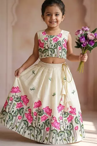 New latest trendy girls off-white lotus floral printed silk lehenga choli set with tassels