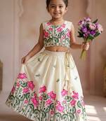 New latest trendy girls off-white lotus floral printed silk lehenga choli set with tassels