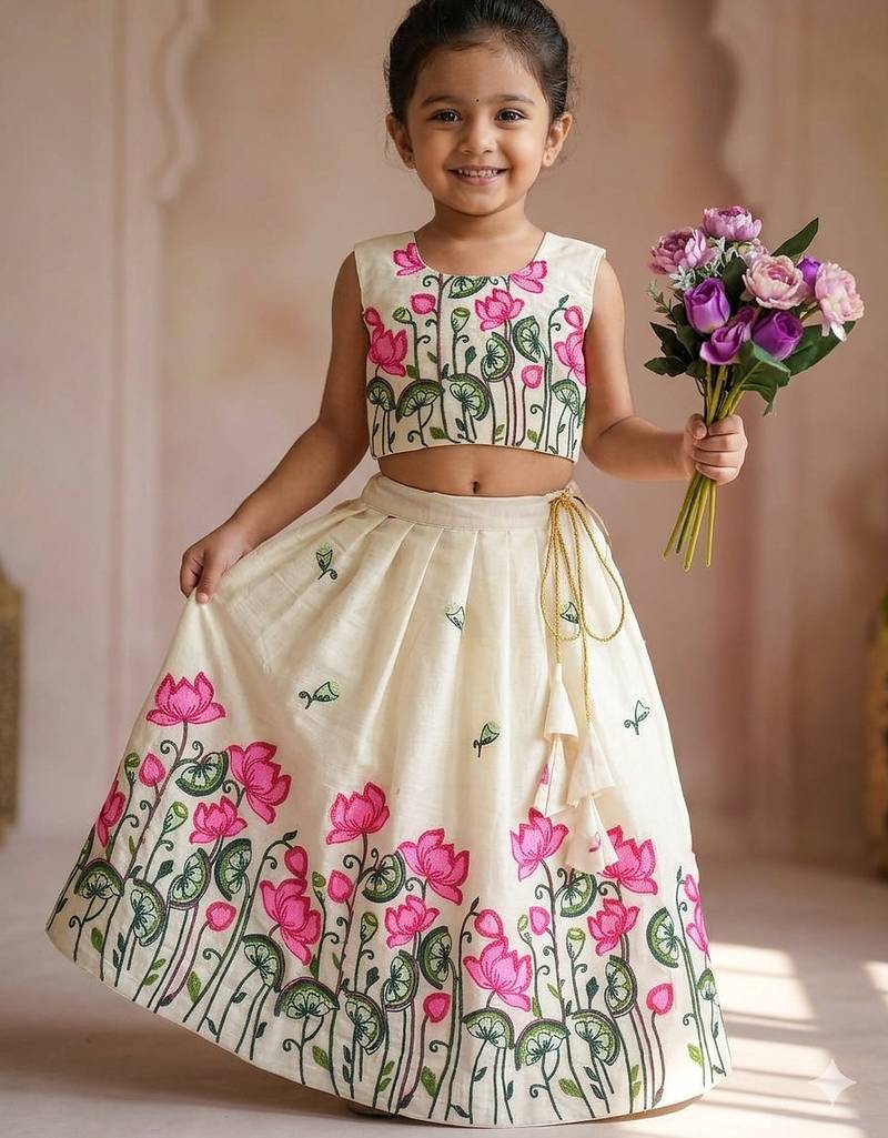 New latest trendy girls off-white lotus floral printed silk lehenga choli set with tassels