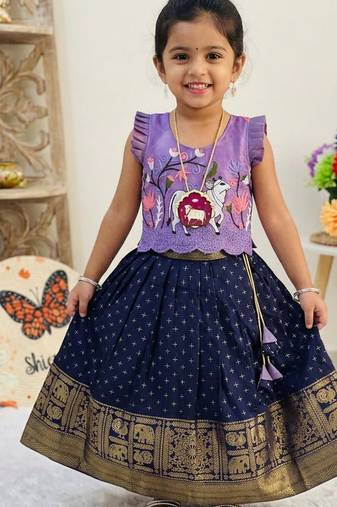 New stylish girls lavender & navy blue silk traditional pichwai art lehenga choli set