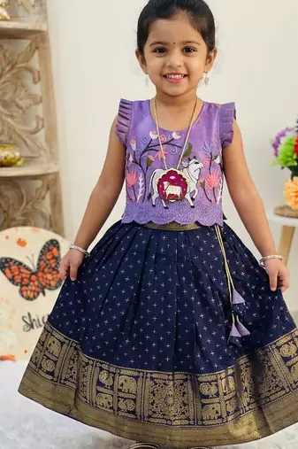 New stylish girls lavender & navy blue silk traditional pichwai art lehenga choli set