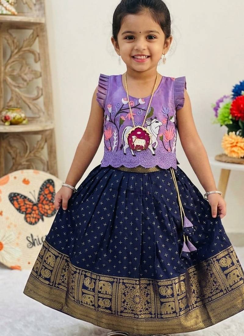 New stylish girls lavender & navy blue silk traditional pichwai art lehenga choli set