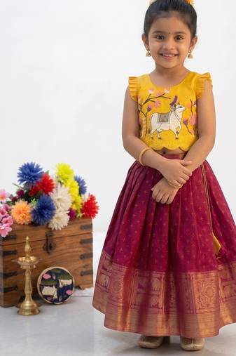 New trendy designer kids girls yellow & red silk pichwai cow motif lehenga choli set