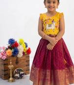 New trendy designer kids girls yellow & red silk pichwai cow motif lehenga choli set