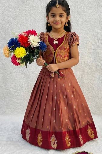 New designer girls rust red silk traditional langa voni lehenga set with koti jacket