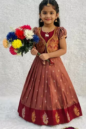 New designer girls rust red silk traditional langa voni lehenga set with koti jacket