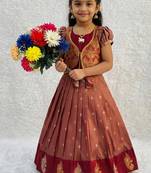 New designer girls rust red silk traditional langa voni lehenga set with koti jacket