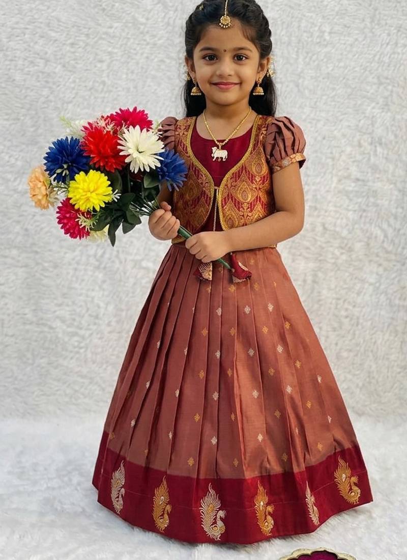 New designer girls rust red silk traditional langa voni lehenga set with koti jacket