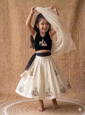  latest kids off-white silk lehenga with black velvet choli & deer embroidery motif 2