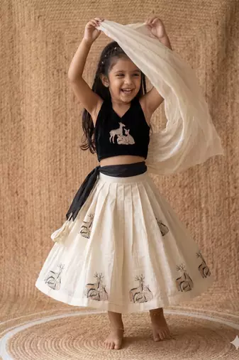  latest kids off-white silk lehenga with black velvet choli & deer embroidery motif