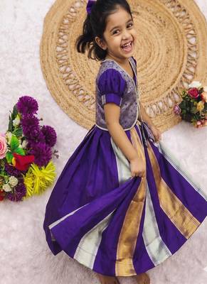 Latest girls royal purple silk pattu pavadai lehenga choli set with brocade koti 2