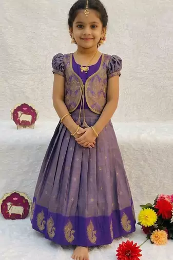 New latest girls purple silk pattu pavadai lehenga choli set with brocade koti