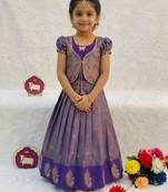 New latest girls purple silk pattu pavadai lehenga choli set with brocade koti
