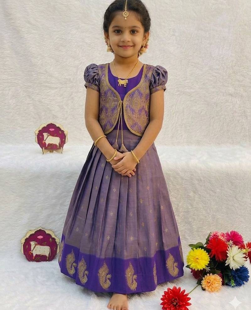 New latest girls purple silk pattu pavadai lehenga choli set with brocade koti