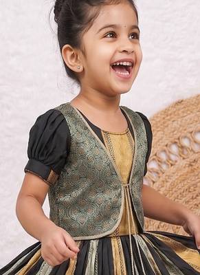 New kids trendy jet black traditional langa voni lehenga set with zari koti jacket 2