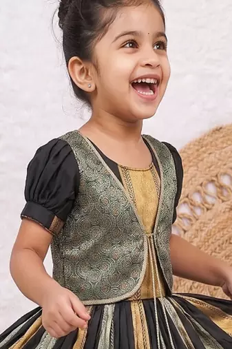 New kids trendy jet black traditional langa voni lehenga set with zari koti jacket
