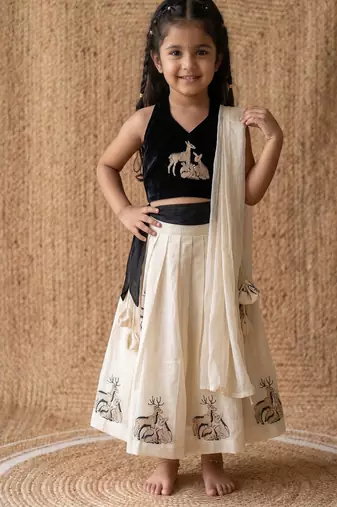  latest kids off-white silk lehenga with black velvet choli & deer embroidery motif