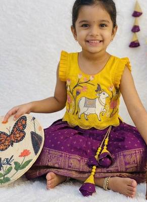 purple silk pattu pavadai with ruffle sleeves 2