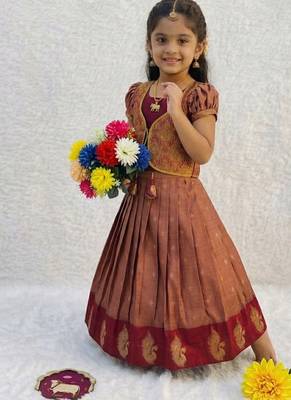  girls rust red silk traditional langa voni lehenga set with koti jacket 2