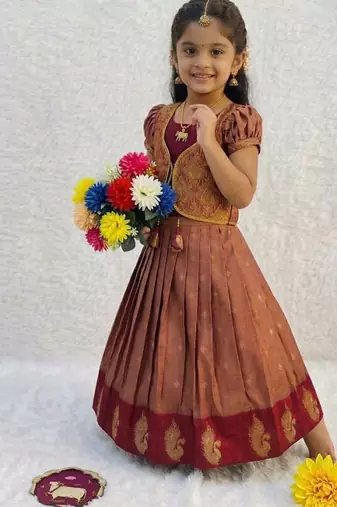 New designer girls rust red silk traditional langa voni lehenga set with koti jacket