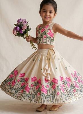  latest girls off-white lotus floral printed silk lehenga choli set with tassels 2