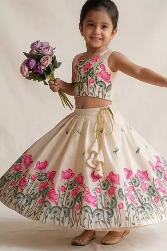 New latest trendy girls off-white lotus floral printed silk lehenga choli set with tassels
