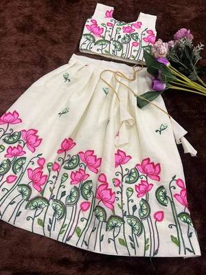  latest girls off-white lotus floral printed silk lehenga choli set with tassels 3