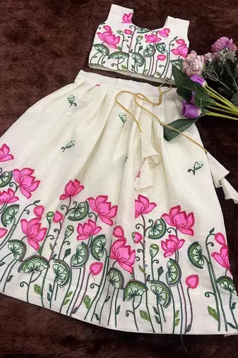 New latest trendy girls off-white lotus floral printed silk lehenga choli set with tassels