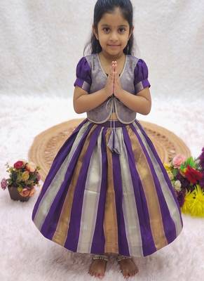 Latest girls royal purple silk pattu pavadai lehenga choli set with brocade koti 3