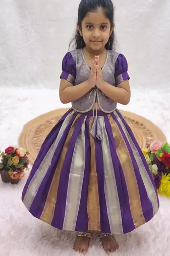 Latest designer girls royal purple silk pattu pavadai lehenga choli set with brocade koti