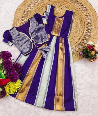 Latest girls royal purple silk pattu pavadai lehenga choli set with brocade koti 4