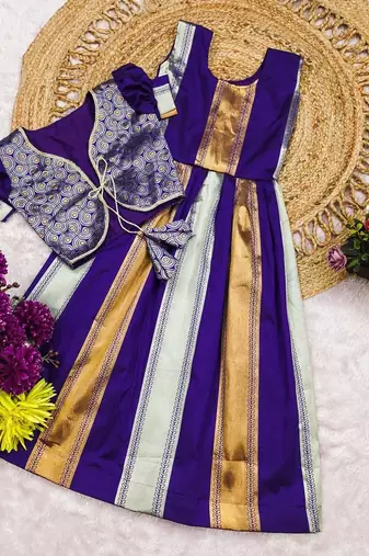 Latest designer girls royal purple silk pattu pavadai lehenga choli set with brocade koti