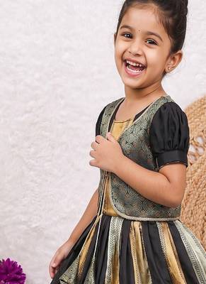 New kids trendy jet black traditional langa voni lehenga set with zari koti jacket 3