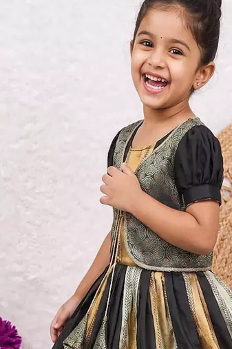 New kids trendy jet black traditional langa voni lehenga set with zari koti jacket