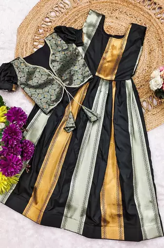 New kids trendy jet black traditional langa voni lehenga set with zari koti jacket