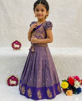 New latest girls purple silk pattu pavadai lehenga choli set with brocade koti 2