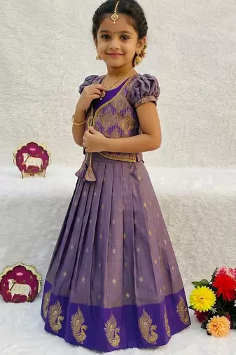 New latest girls purple silk pattu pavadai lehenga choli set with brocade koti