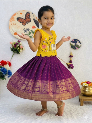 purple silk pattu pavadai with ruffle sleeves 3