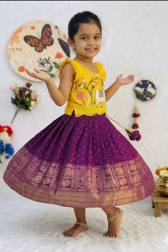 Kids latest collection girls yellow & wine purple pattu pavadai lehenga set with ruffle sleeves