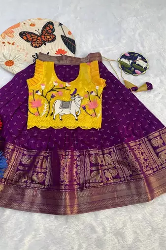 Kids latest collection girls yellow & wine purple pattu pavadai lehenga set with ruffle sleeves