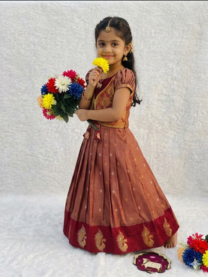  girls rust red silk traditional langa voni lehenga set with koti jacket 3