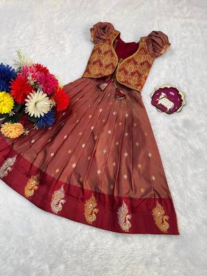  girls rust red silk traditional langa voni lehenga set with koti jacket 4