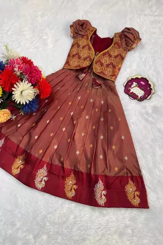 New designer girls rust red silk traditional langa voni lehenga set with koti jacket
