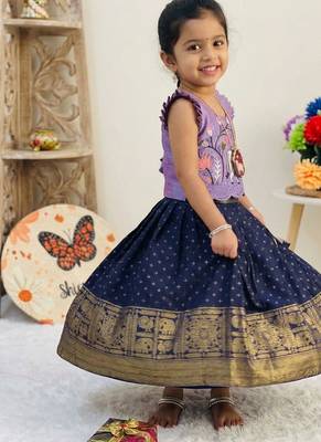 New stylish girls lavender & navy blue silk traditional pichwai art lehenga choli set 3