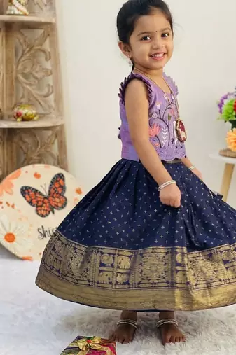 New stylish girls lavender & navy blue silk traditional pichwai art lehenga choli set