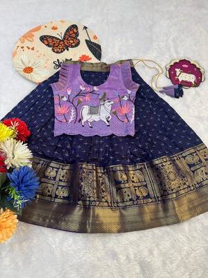 New stylish girls lavender & navy blue silk traditional pichwai art lehenga choli set 4