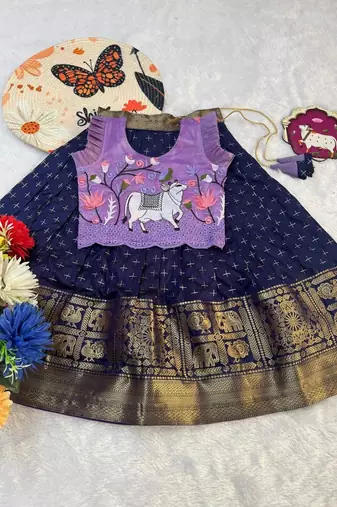 New stylish girls lavender & navy blue silk traditional pichwai art lehenga choli set